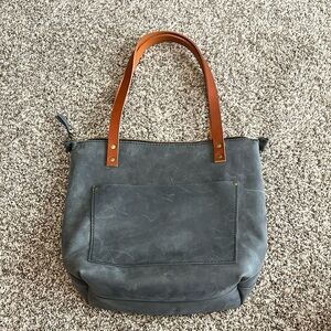 Portland Leather Zippered Medium Tote - Storm with Tan Straps
